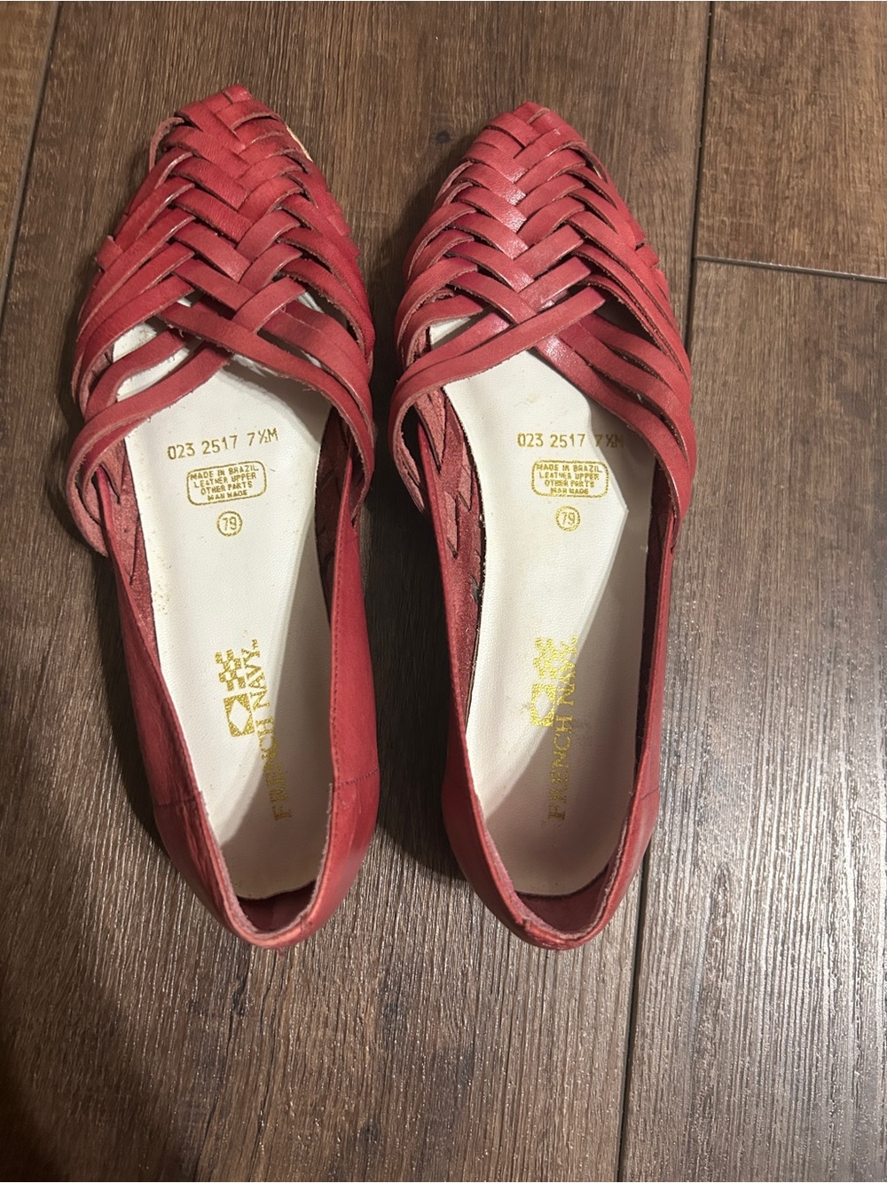 Vintage French Navy Red Woven Leather Huarache Flats Made in Brazil Sz 7.5M